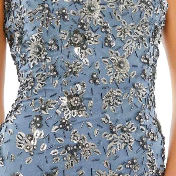 $598 Mac Duggal Size 4 Slate Blue Silver Floral Embellished Long Maxi Dress Gown - Picture 5 of 6